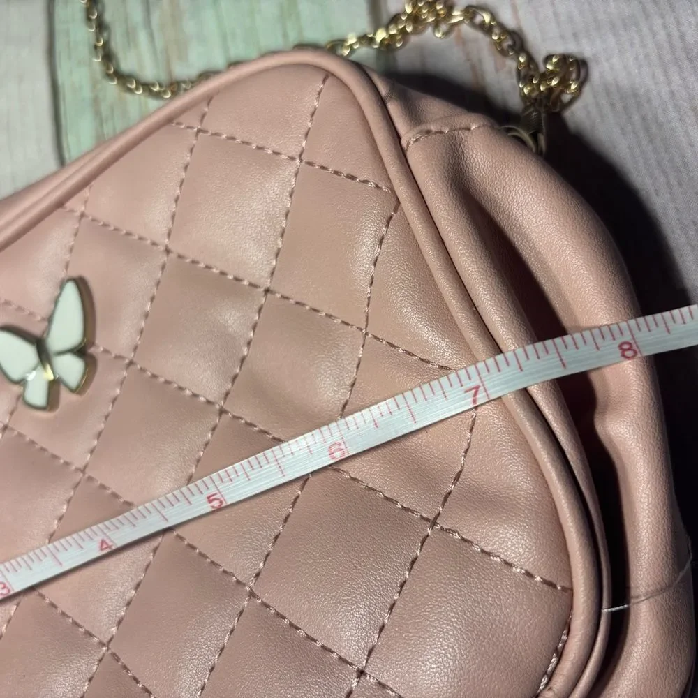 Quilted Pink Crossbody Bag with Butterfly Accent